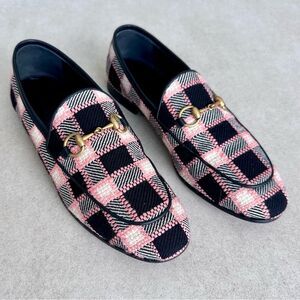 Gucci Jordaan Horsebit Tweed Black & Pink Check Flat Loafers EU37 US7